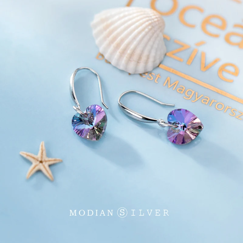 Modian Authentic 925 Sterling Silver Charm Ear Heart Shape Rainbow Crystal Dangle Earrings for Women Lady Fashion Jewelry Gift