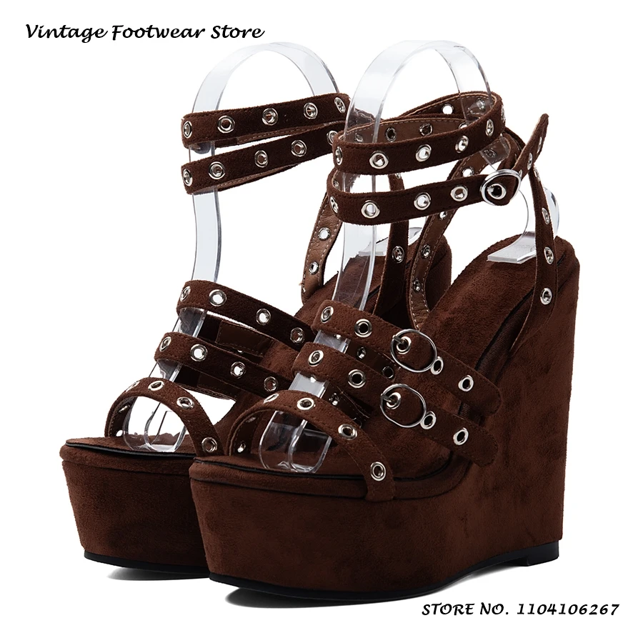 Eyelets Strappy Platform Sandals Solid Round Toe Wedges Ankle Strap Plus Size Shoes Women's Fashion Buckle Strap High Heels