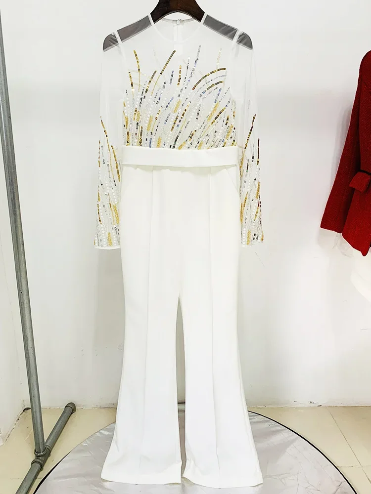 HIGH STREET Newest 2024 Designer Runway Fashion Women\'s Mesh Splicing Sequin Diamonds Beaded Jumpsuit