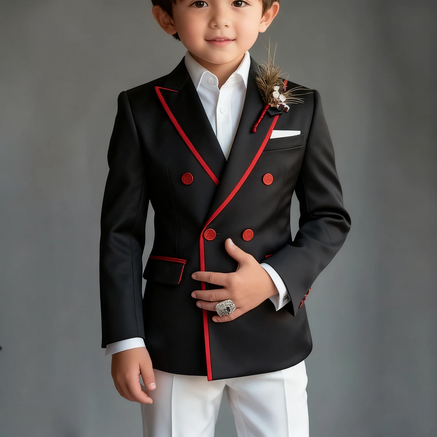 

Luxury Children Suits Fashion Double Breasted Peak Lapel Skinny Black Jacket With White Pants 2 Piece Luxury Wedding Clothing