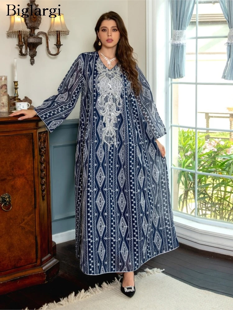 

Spring Summer Dress Women Embroidery Sequin Patchwork Bling Fashion Elegant Ladies Dresses A-Line Loose Woman Long V-Neck Dress