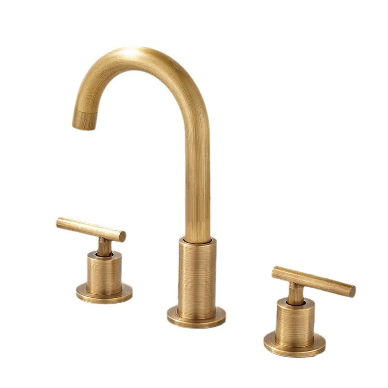 

European antique brass three-hole basin faucet split bathroom retro hot and cold faucet