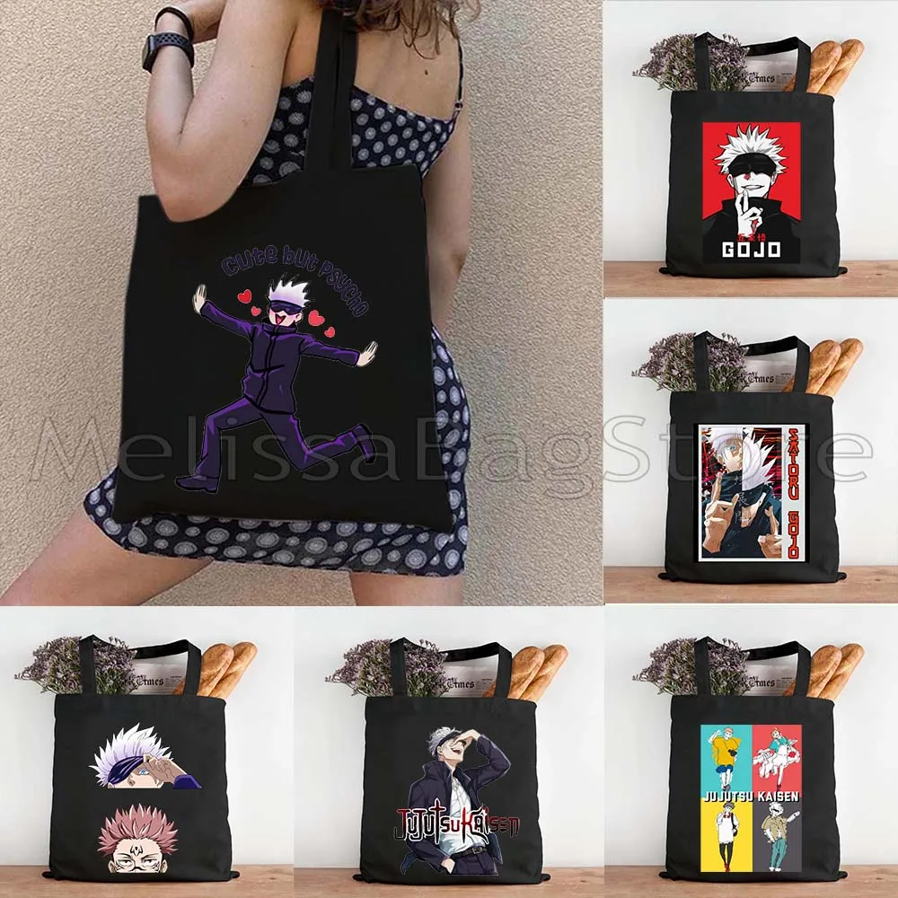 Anime Gojo Saturo Jujutsu Kaisen Anime Sukuna Fan regalo Satoru lindo dibujos animados Manga lona bolso grande de hombro bolso de compras de algodón
