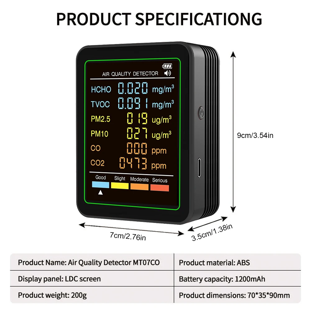 Tester della qualità dell'aria 6 in 1 Rilevatore HCHO in tempo reale Misuratore di umidità della temperatura Rilevatore di formaldeide TVOC PM2.5 PM10 CO2 CO