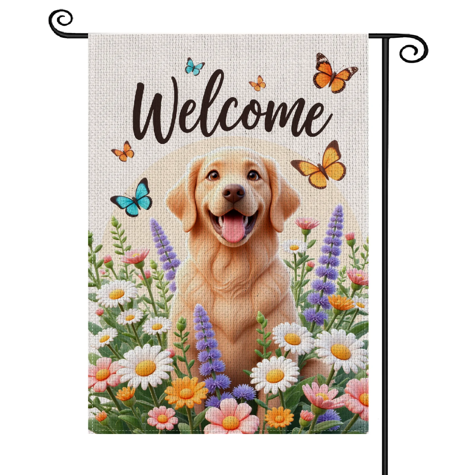 Cheerful Golden Retriever Welcome Garden Flag Vibrant Floral Butterfly Accent Yard Flag for Front Yard Decor Porch Decoration