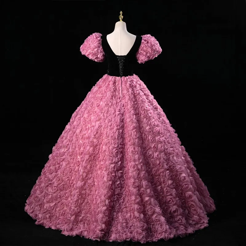 Pink Flower Quinceanera Dresses Sweet Puff Sleeve Party Dress Winter Prom Gown Formal Gowns For Girls Sonhar Vestidos