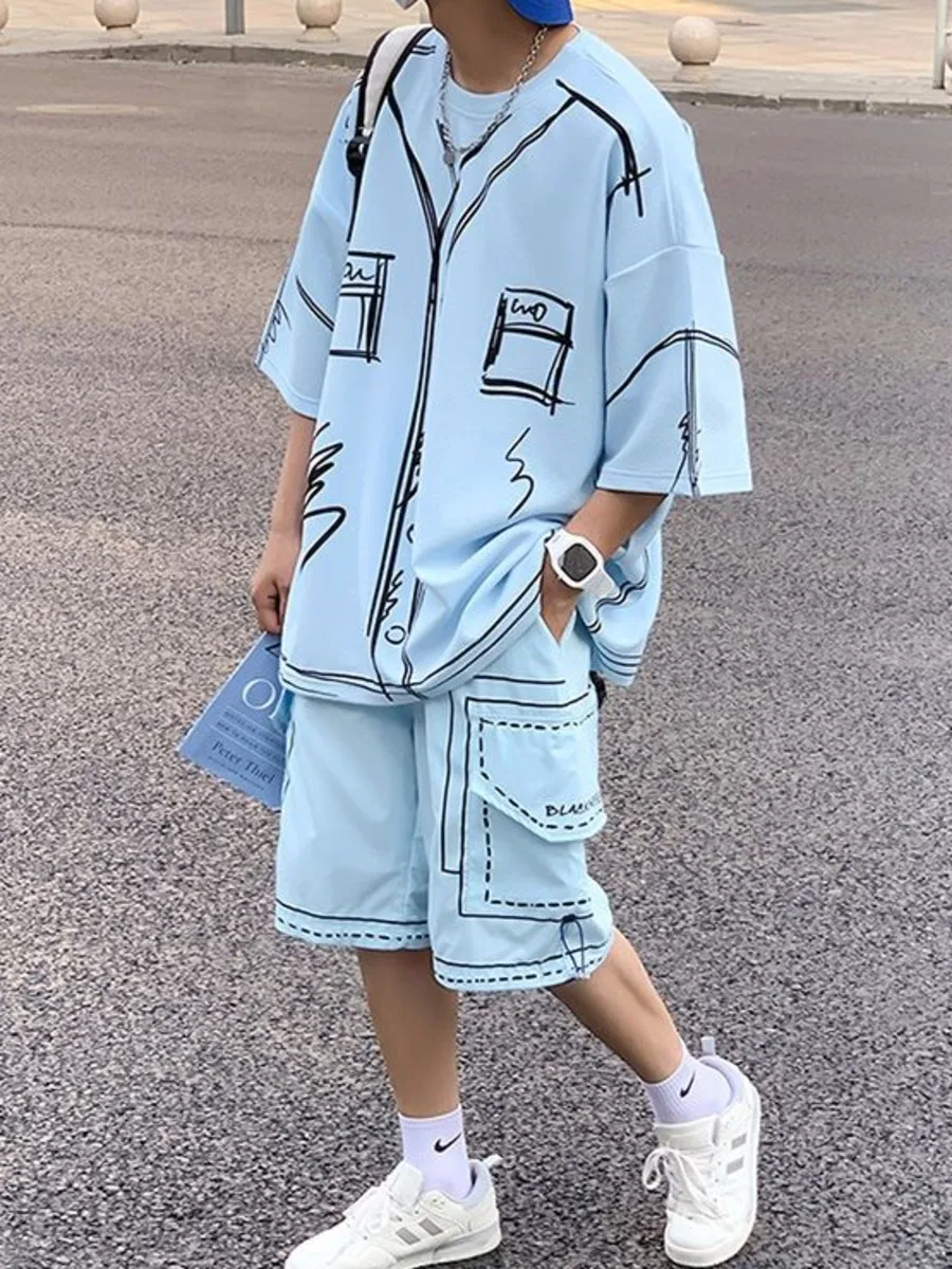 Cute Graffit Summer Outfits Men Blouse Top Shorts Set Oversize Funny Shirt Harajuku Casual Short Sleeve T-shirt 2PCS Suits