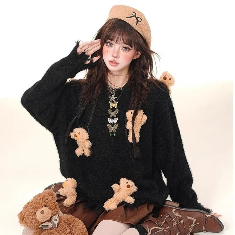Suéter japonés Kawaii de manga larga para mujer, jersey informal Y2k de Color sólido con retales de osos dulces, jersey ajustado con cuello redondo para primavera y otoño