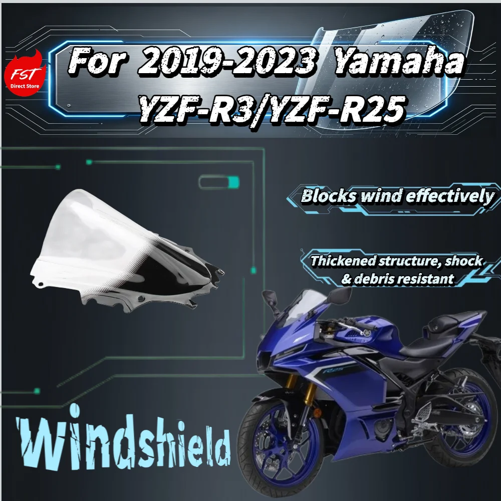 

For Yamaha YZF R3 R25, 19-23 universal racing windscreen, heightened front shield glass, impact resistant cover