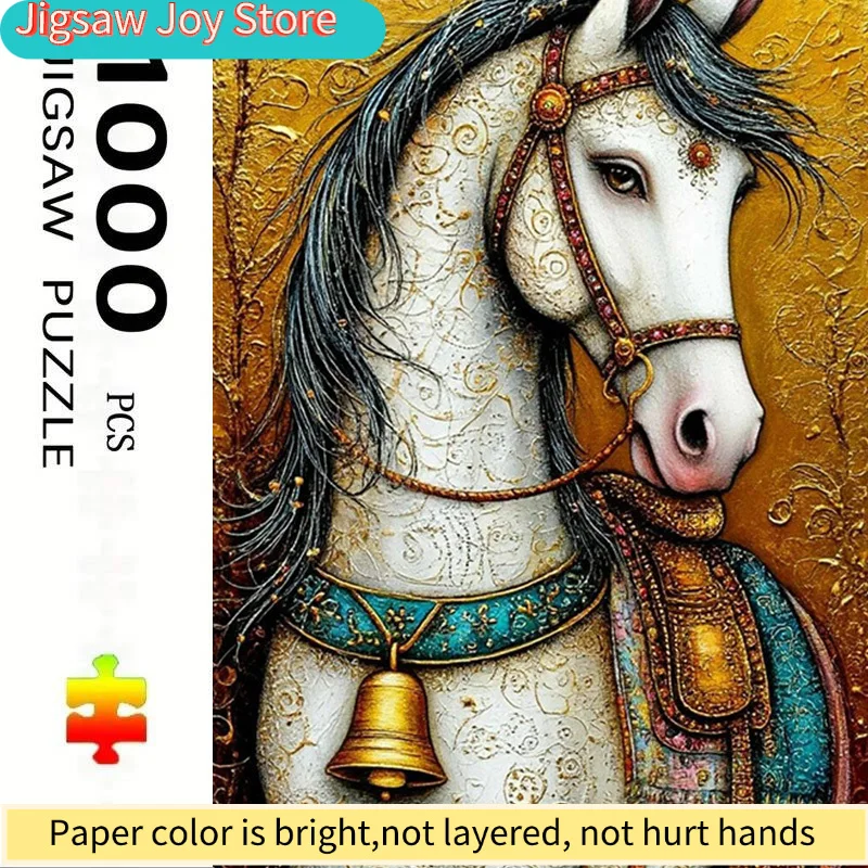

Adult Jigsaw Puzzle, 70.0x50.01 cm Large Size, Artistic Animal White Horse with Bells Puzzle, Suitable for DIY Creative Fun w