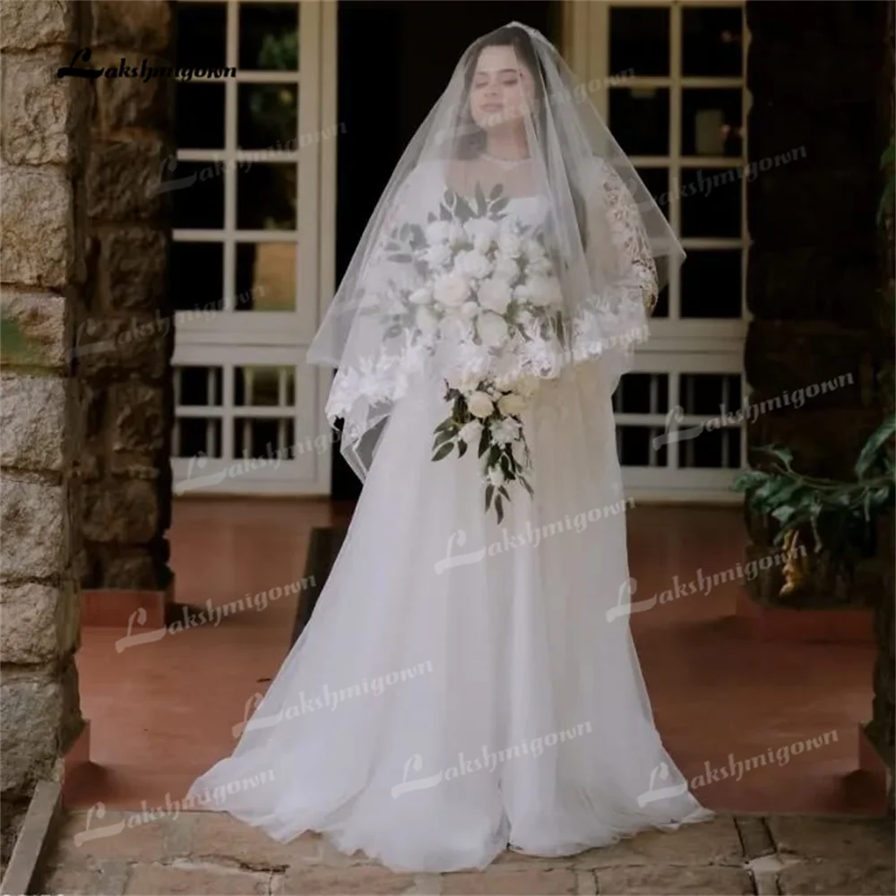 Robe de Mariée Trapèze en Dentelle à Manches sulf, Magnifique Tenue à Col Carré Personnalisée en Tulle, Grande Taille