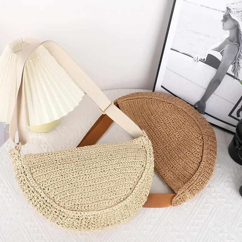 

Summer Fashion Straw Semicircle Crossbody Bag Simple Paper Rope Women's Shoulder Bags Casual Beach Woven Handbags Underarm Bag