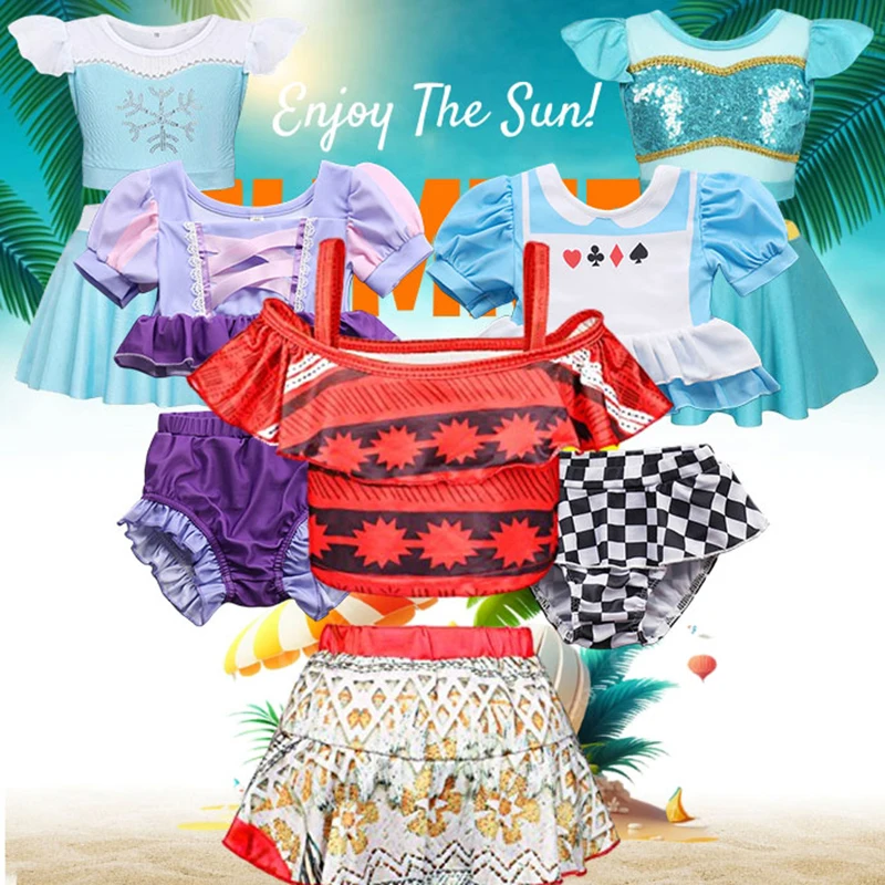 

Купальник Моана для маленькой принцессы для девочек, Эльза, Белоснежка, Рапунцель, фея, купальный костюм, детское летнее пляжное платье, бикини из двух предметов