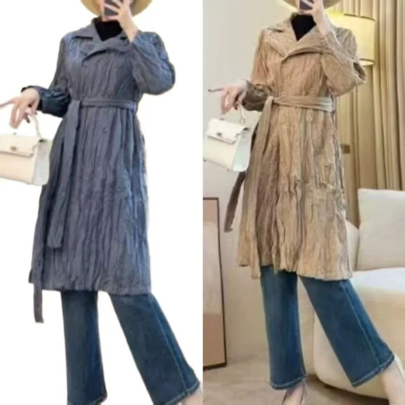 

Miyake плиссированная длинная однотонная женская складная куртка 202, однобортный однобортный плащ с плиссированными лацканами, повседневный пригородный плащ