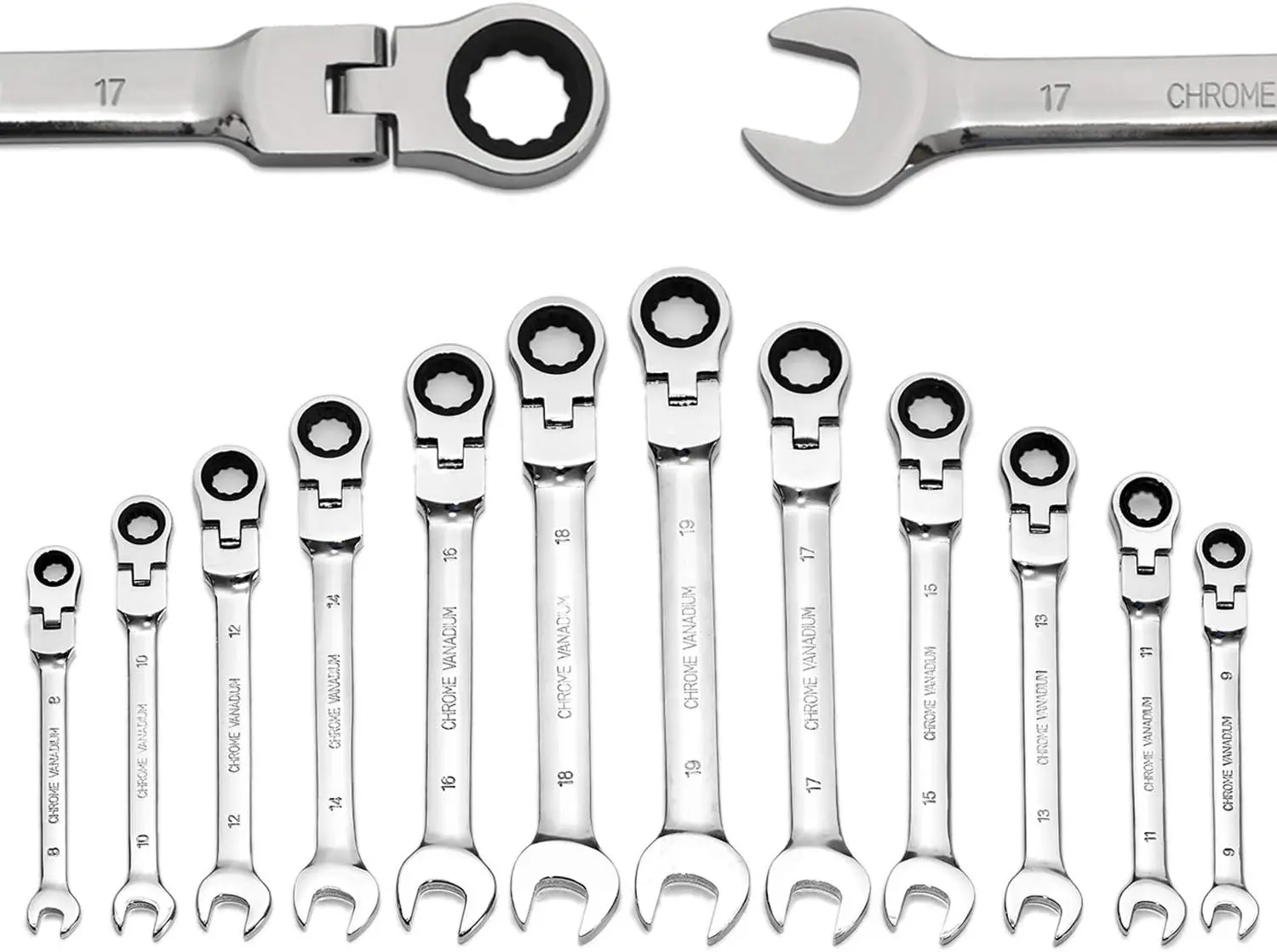 12-Piece 8-19mm Metric Flex-Head Ratcheting Wrench Set Combination Ended Span Kit with Portable Suspended Bag Torque Wrench