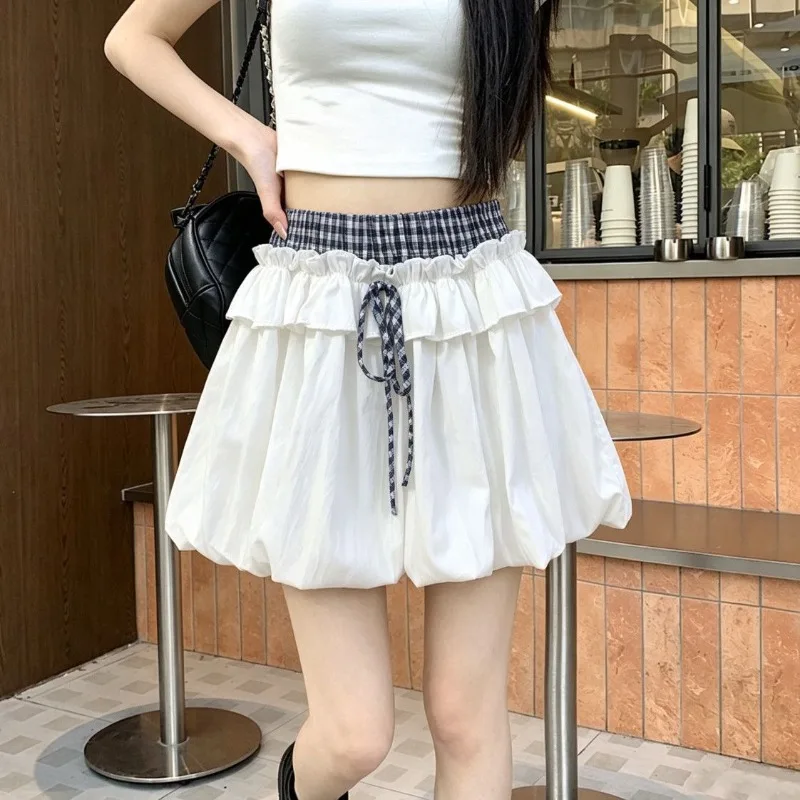 Womens Plaid Elastic Waist Ruffle Trim Drawstring Puffy Balloon Mini Skirt