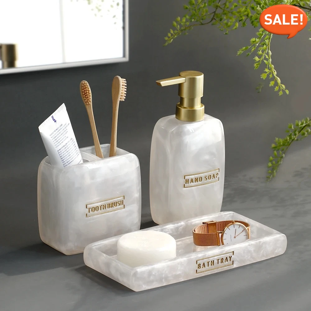 

Жемчужно-белый набор для ванной комнаты — дозатор мыла и держатель для зубных щеток с подносом, декор столешницы для туалетного столика