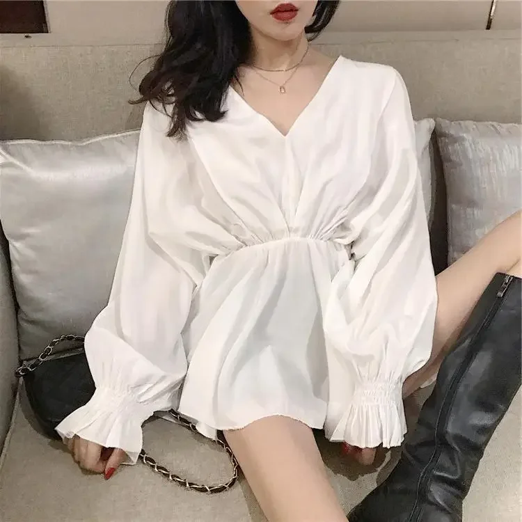 

Blouse Women Shirt Women's 20V Collar Dolman Sleeve Shirt Loose Lotus Leaf Top Blusas Ropa De Mujer