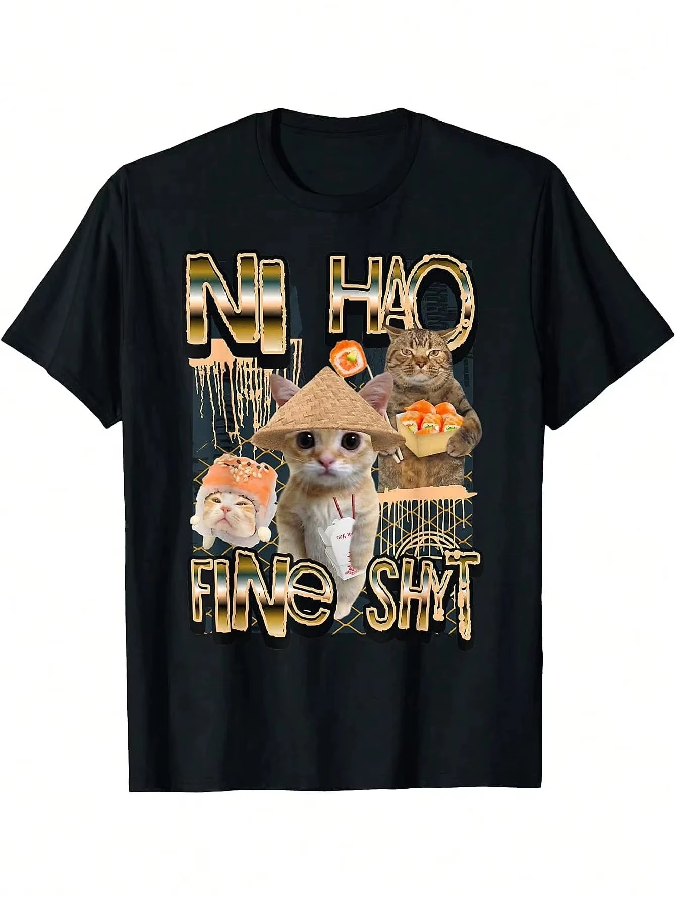 Ni Hao Fine Shyt Funny Brainrot Gen Z Meme T-Shirt, Cotton Unisex Graphic Retro Streetwear Crew-neck Short-sleeved Men's T-shirt