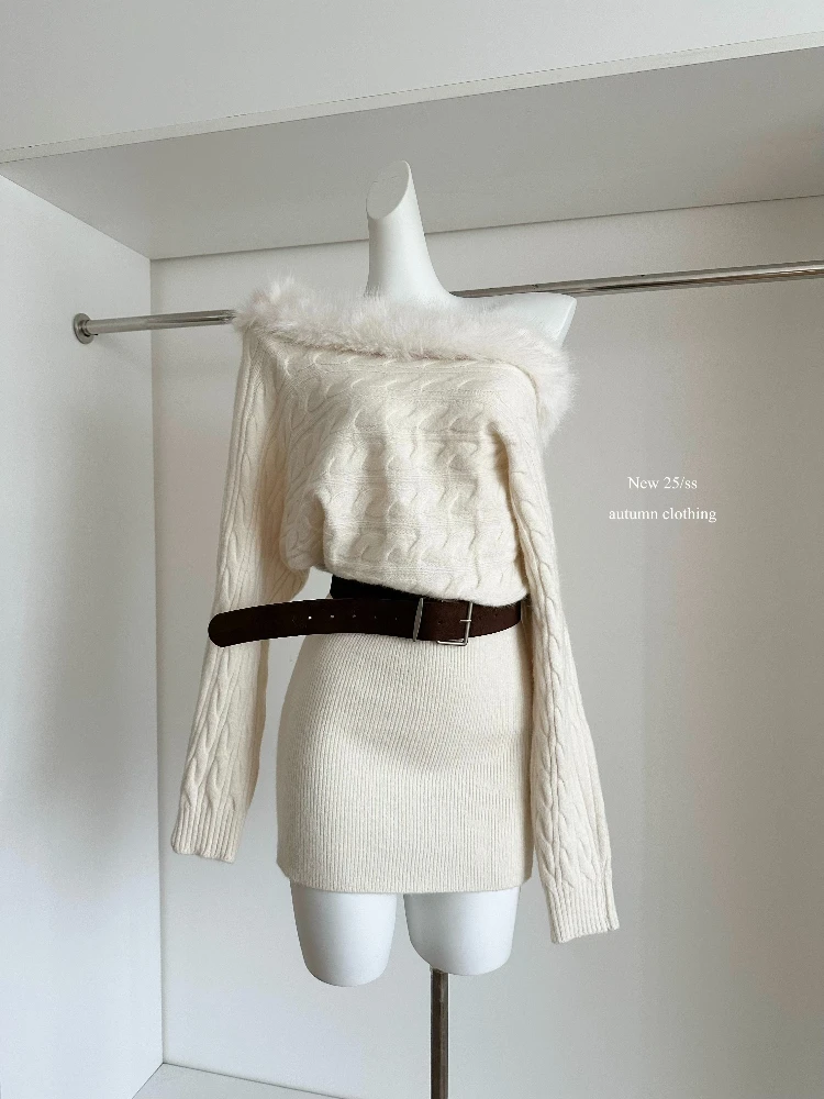 French Elegant Knit Dress Women Slim Fit Long Sleeve Off Shoulder Belted Cable Sweater Dress Warm Soft Winter Chic Midi Outfit