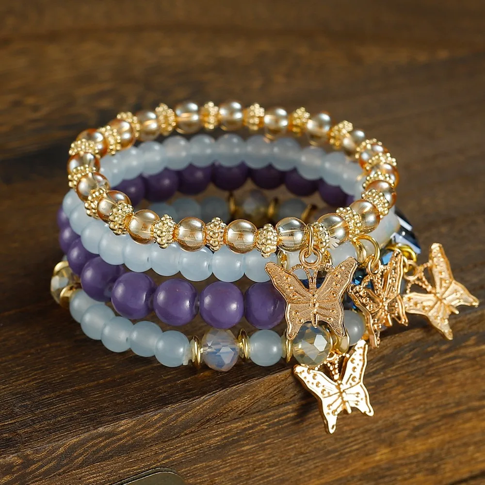 4pcs Set Bohemia Exquisite Acrylic Beaded Crystal Butterfly Bracelet for Women Charm Multilayer Pearl Bangle Jewelry Friend Gift