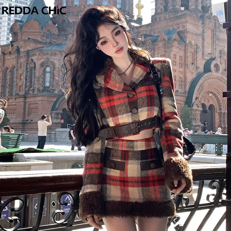 ReddaChic Women Shearling Blazer Mini Skirt 2-piece Set Plaid Tweed Stitch Faux Fur Cropped Jacket Coat Christmas Uniform Suit