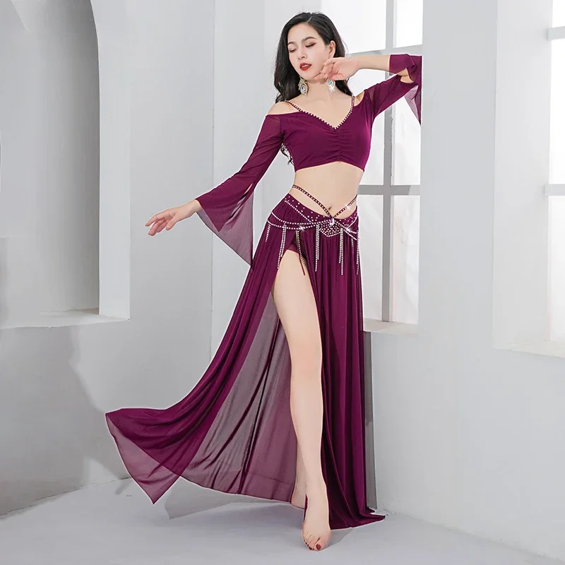 2 Stuks Buikdans Kostuum Outfits Voor Vrouwen Halve Mouwen Top + Mesh Ab Stenen Lange Rok Volwassen Oosterse Buikdanskleding