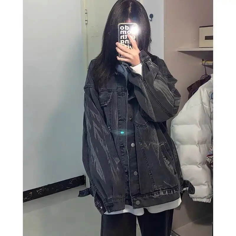 2025 Spring and Autumn New Cool Salt Girl Fashion Street Tie-Dye Denim Jacket Female BF Lazy Style Loose Top