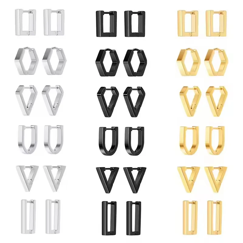 Unisex  Stainless Steel Rectangular Hoop Earrings for Men Women Punk Rock Triangle Huggie Earrings Piercing Jewelry Gifts