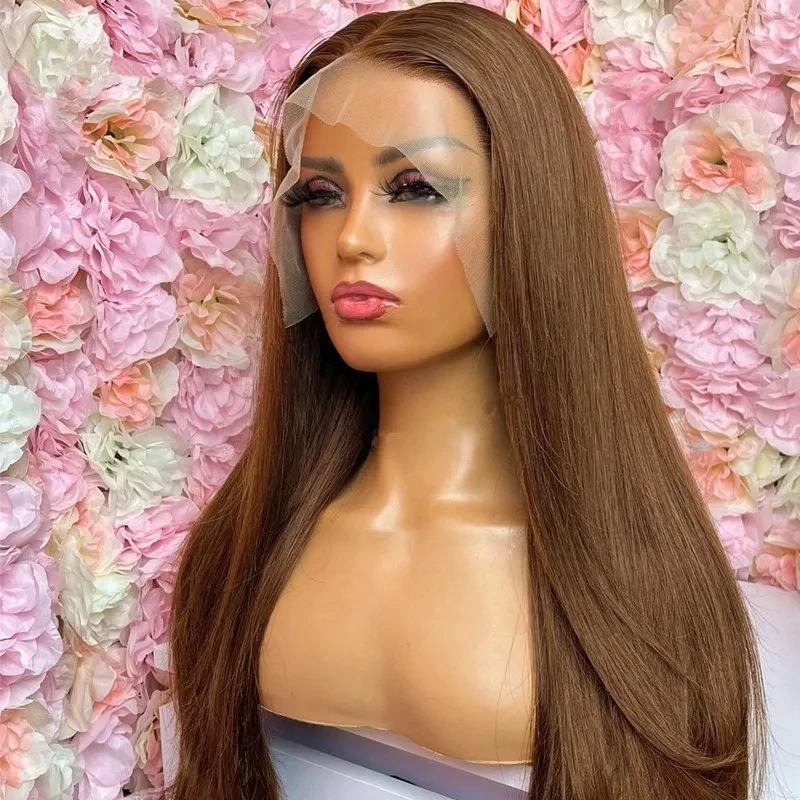 Preplucked Soft 180%Density 26Inches Auburn Brown Silky Straight  Hairline Glueless Lace Front Wig For Women Babyhair