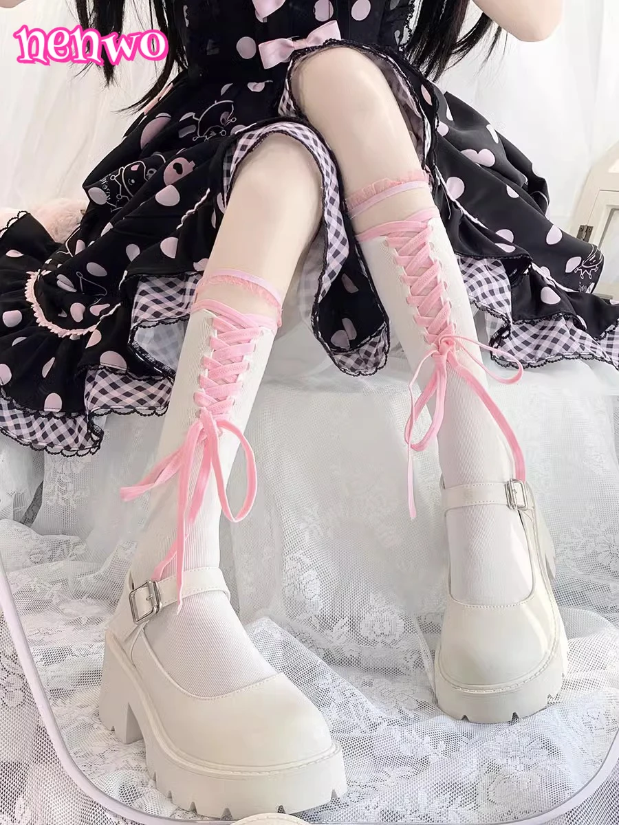 

Гольфы, чулки в стиле Лолиты, кружевные носки с рюшами, чулки с бантом, JK для девочек, однотонные черные, белые длинные носки, женские чулки