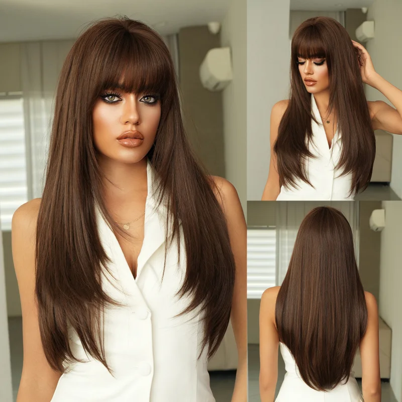 High-quality long straight layered women with bangs, suitable for daily use, fluffy synthetic heat-resistant fiber wig