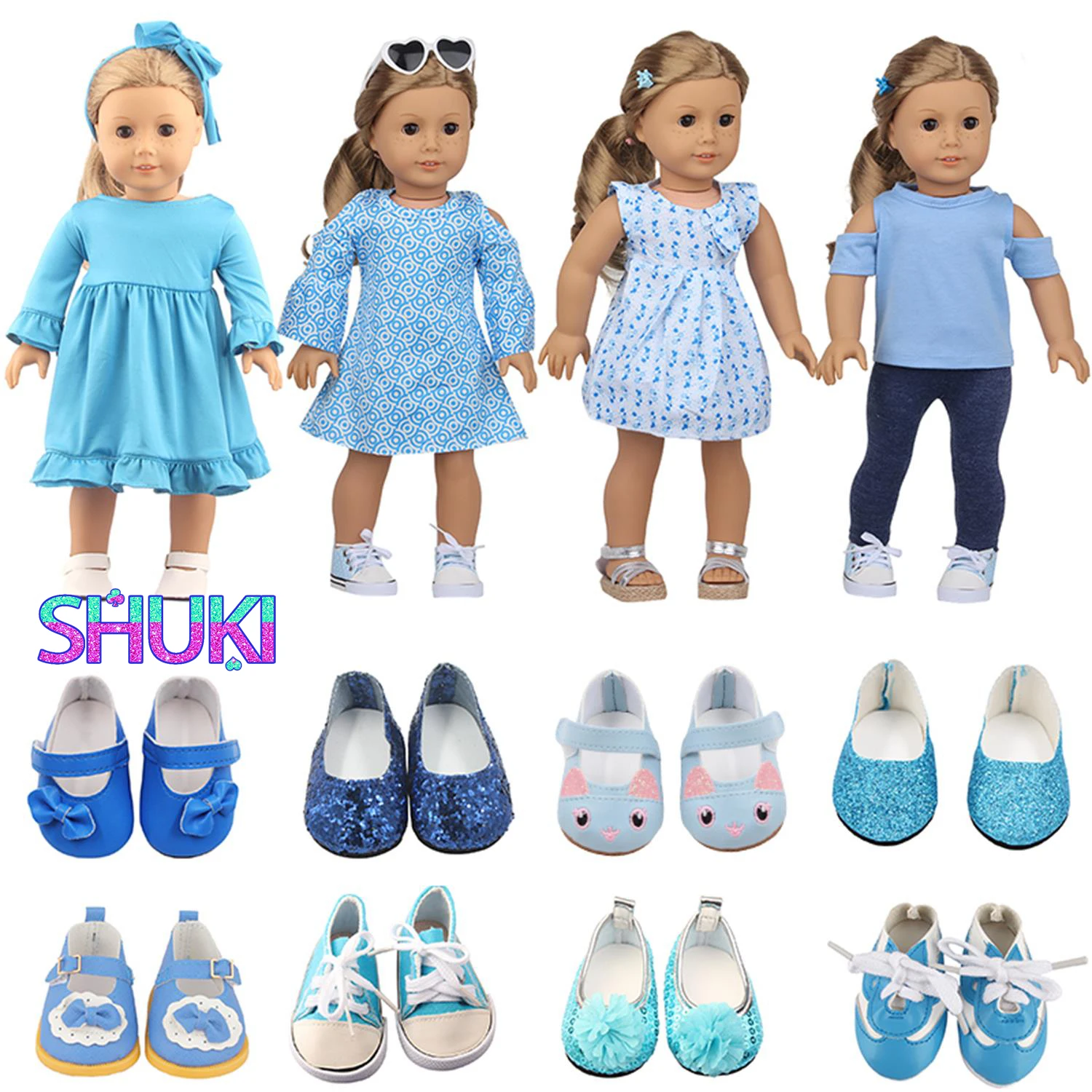 Blue Style 18 Inch American Doll Clothes Set Dress Bow Shoes Flower Boots For 43cm Baby New Born&OG,Life Girl Doll Toy