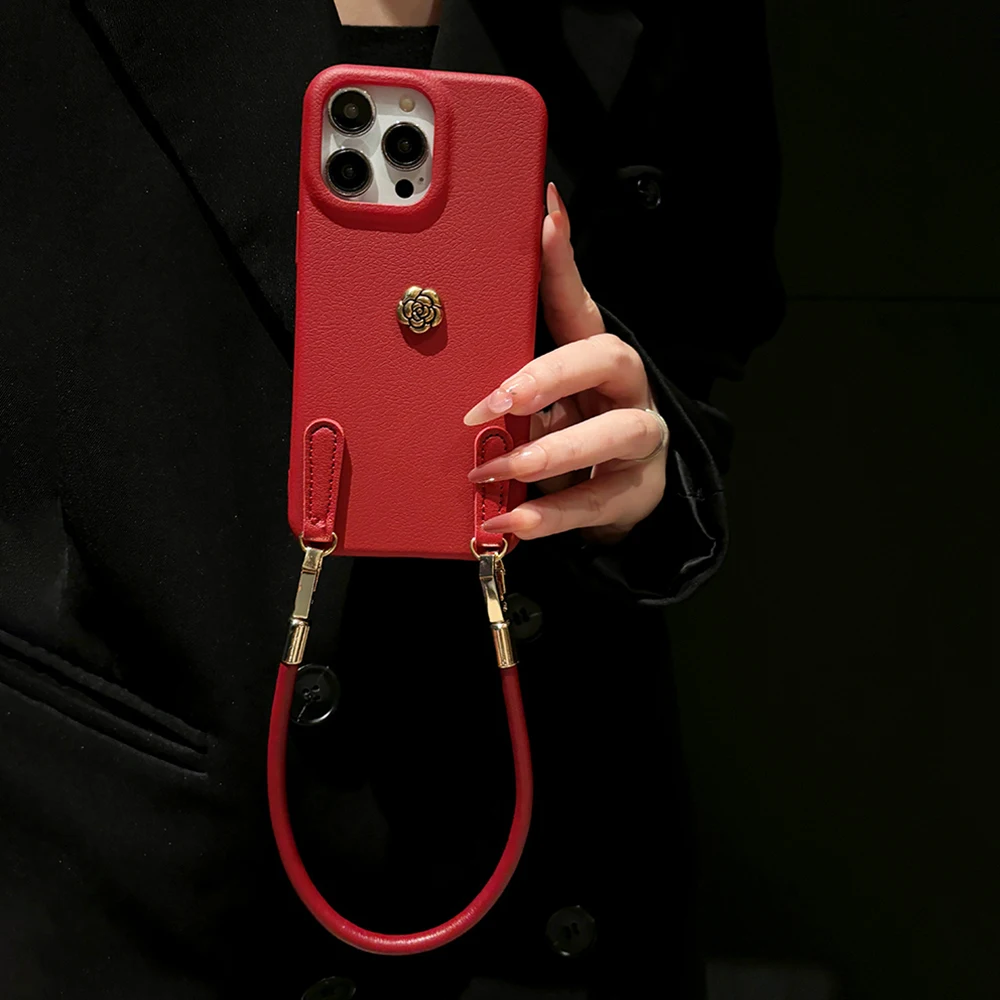 Luxury 3D Metal Flower With Chain Phone Case For iPhone 16 15 14 13 11 12 Pro Max Plus Leather Rope Lanyard Soft Silicone Cover