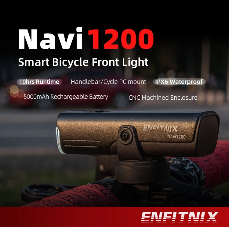 Enfitnix Navi1200 Smart Bicycle Front Light 1200Lumen USB Rechargeable Super Bright Flashlight for Cycling Front Light 1200lm