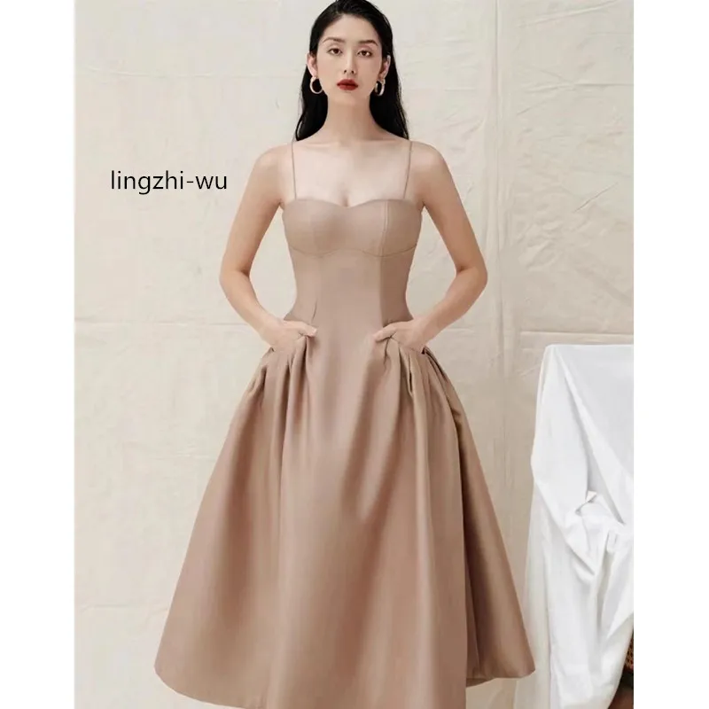 Lingzhi-Wu-elegant dress for women, formal dress, top quality, Brown, spaghetti strap, new arrival