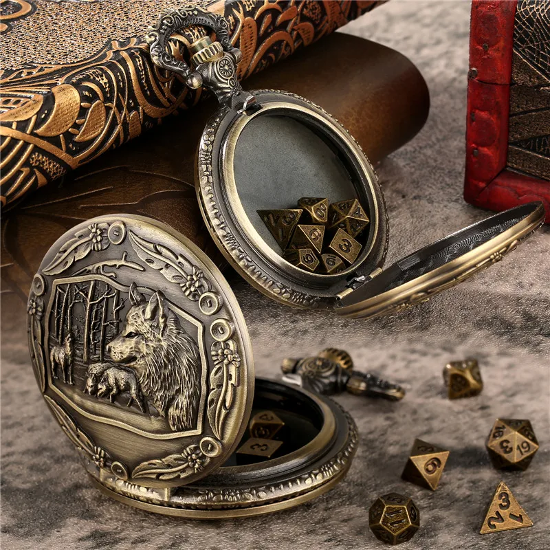 Wolf Pocket Watch Dice, Dnd Dice, 7pcs Metal Dice Wolf Pendant Chain 7pcs/set Metal Polyhedral Dice for Role Play Gaming Dices