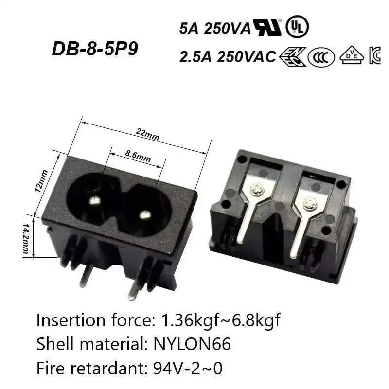 

DB-8-5P9 IEC C8 Power Plug Socket 2 Pin 5A 250V AC Connector Adapter Inlet For Wholesale Home Appliance