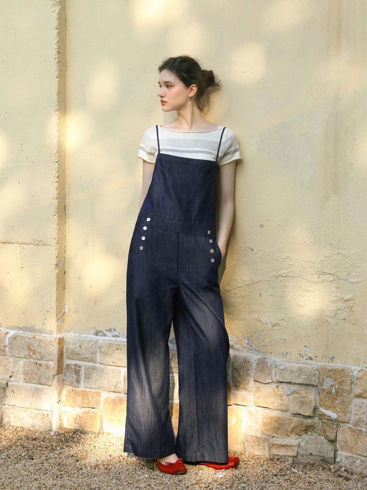 LLANO Retro Denim Mixed Fibre Halterneck Pants Women's Summer Fashion Straight Leg Long Trousers Cotton 63.4% Lyocell 36.6%