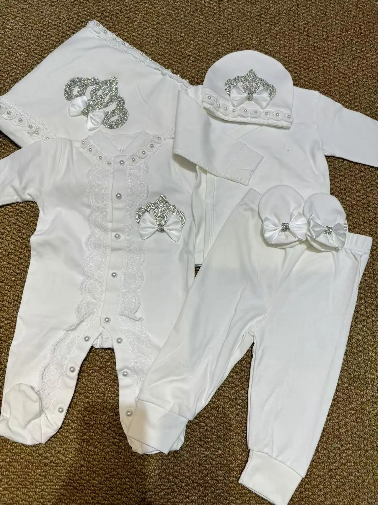 White Baptism Baby Coming Home Hospital Outfit Cotton Romper Knitted Back pants Receiving Blanket Swaddle Gift Set