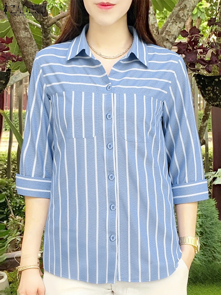 Camisas a rayas a la moda ZANZEA, Blusas de trabajo de manga 3/4 con cuello de solapa para mujer, Tops informales con botones, Blusas de gran tamaño