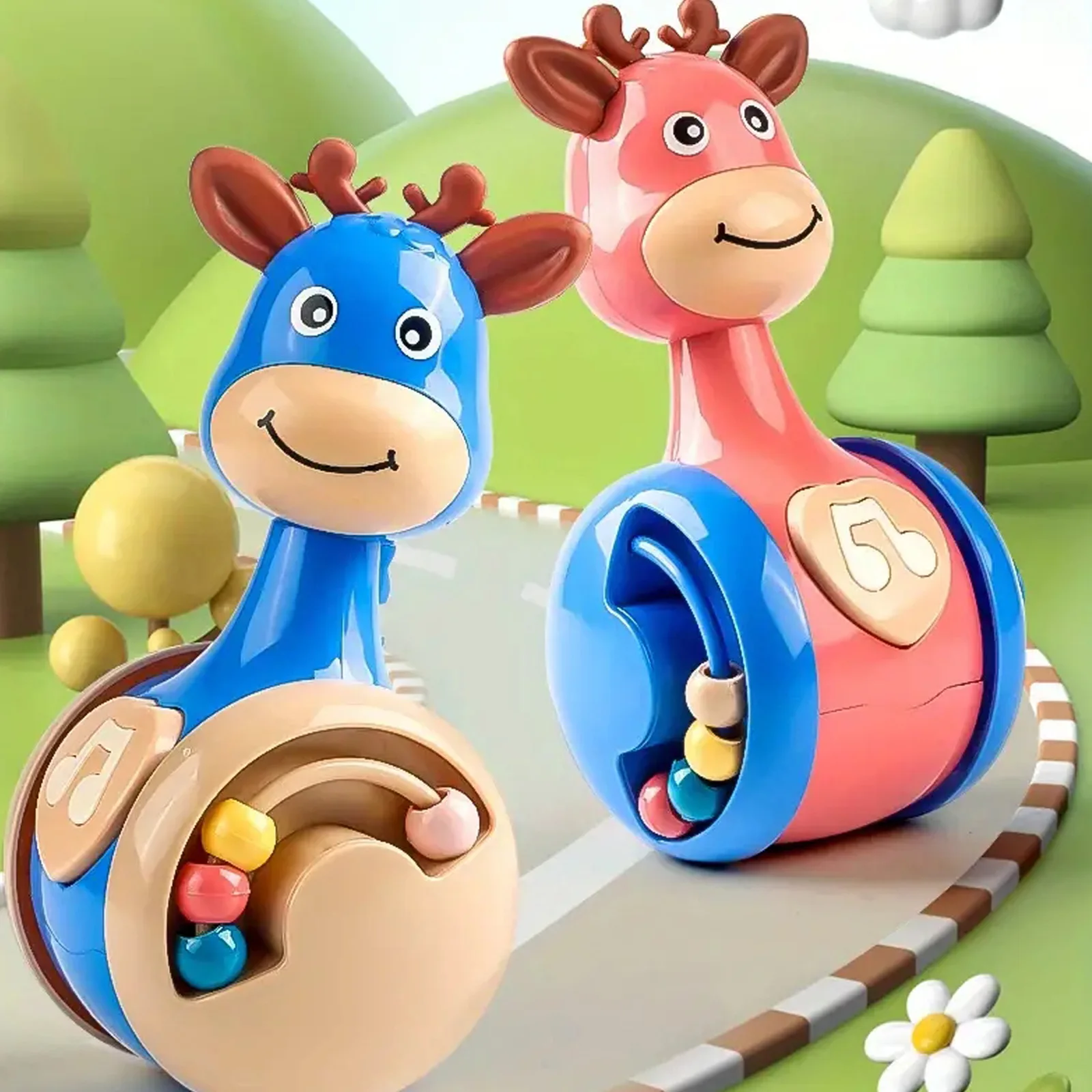 Baby Tumbler grzechotka przesuwany jeleń nauka zabawki edukacyjne noworodek gryzak niemowlę ręczny dzwonek prasa mobilna piszcząca zabawka Roly-Poly
