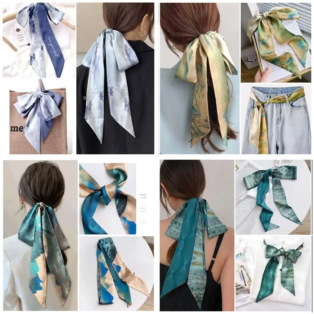 French Scarf Butterfly Tie Hair Retro Chinese Style Oil Print Hair Ribbon Scarf Women Neck Tie Bag Headscarves