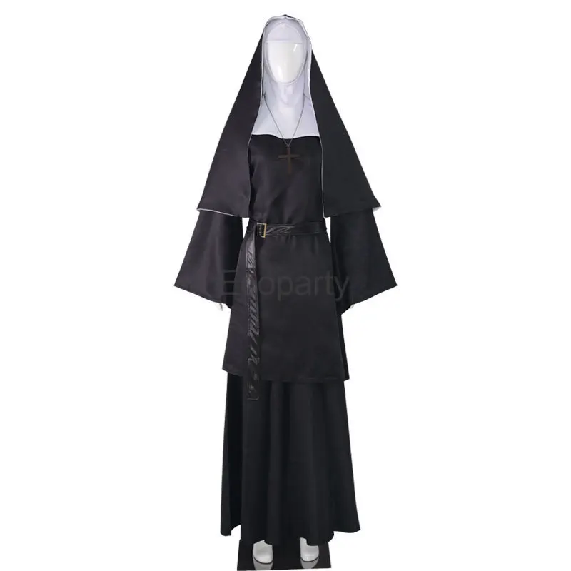 Women Halloween The Nun Costume Horror Movie Virgin Mary Cosplay Black Nun Uniform Suit with Scarf Ladies Carnival Party Outfit