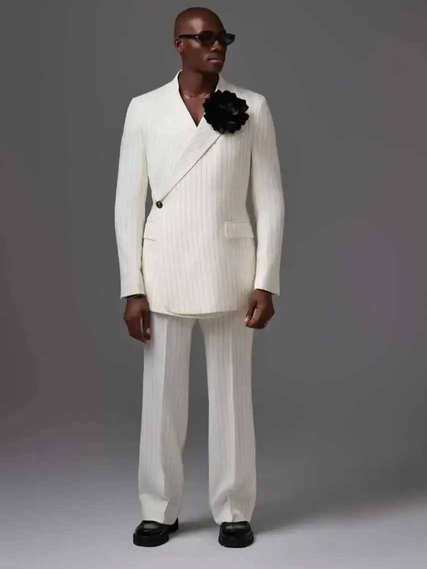 

White Pinstripe Men Suit Set 2 Piece Blazer+Pant Trousers 3D Flower Customized Formal Office Jacket Wedding Tuxedos Coat