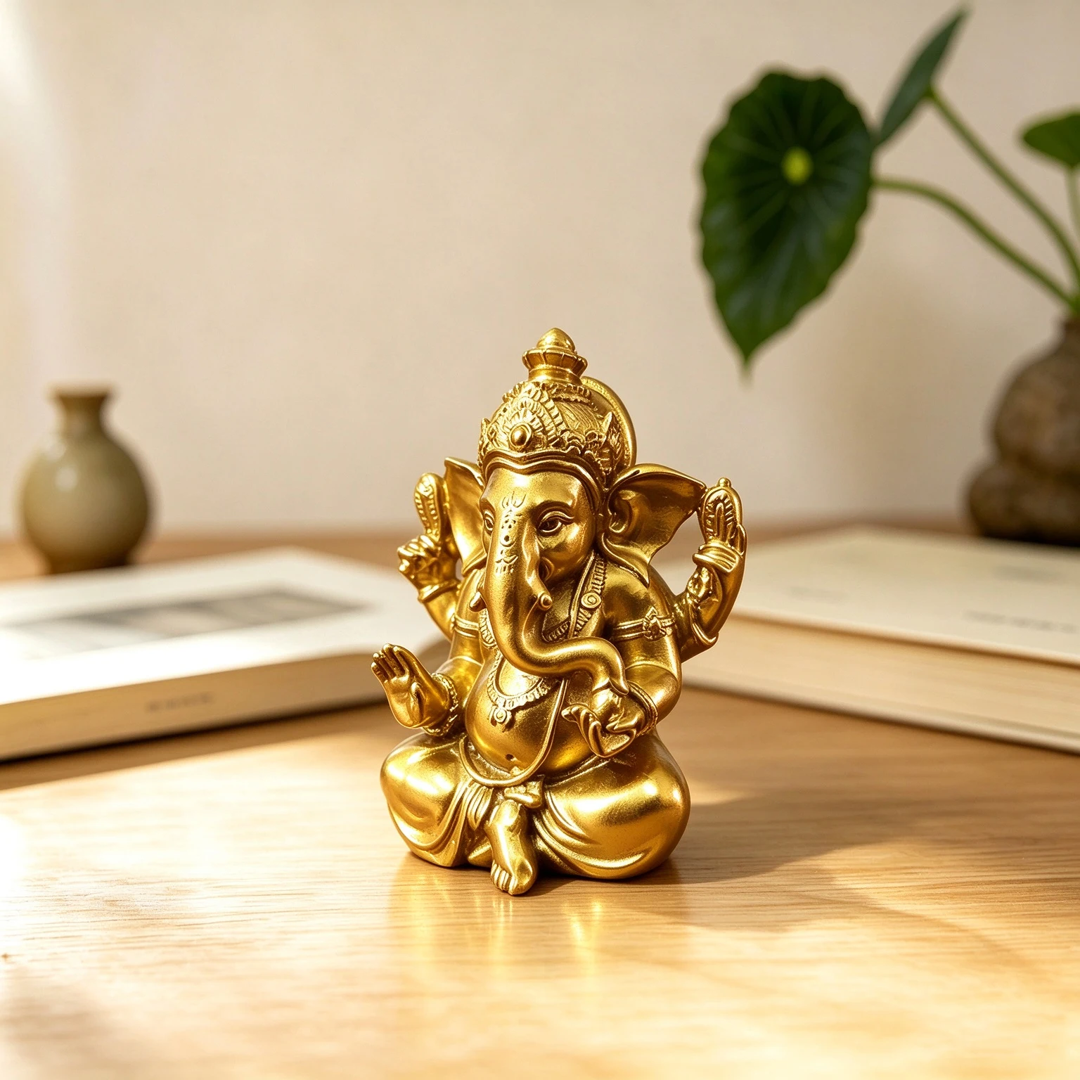 Golden & Bronze Ganesha Statue Buddha Figurines Sculptures Car Garden Home Decoration Ornaments (Include A Car Mat )