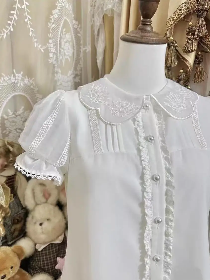 Lolita Cute Lace Puff Sleeve Collar Embroidery Hollow Out Women Blouse Ruffle Button Front Blouse Lolita Cute Daily Spring Wear