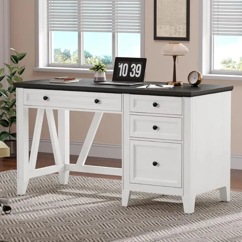 54 Inch Farmhouse Desk With Drawers, Home Office Desk, Charging Station, Ideal For Working, Studying, Writing, White