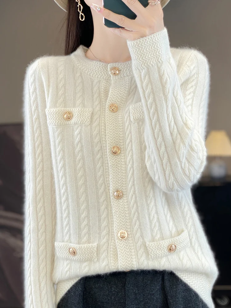 المرأة الدافئة الخريف الشتاء سميكة 100% ميرينو الصوف محبوك سترة أزرار سترة عادية فضفاض س الرقبة كابل Stitc الملابس القمم #4