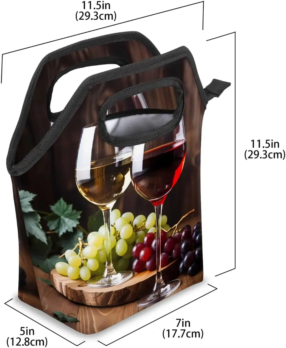 Lunch Bag Insulated Lunch Box Red Wine Glass Grapes | Waterproof, Zipper, Leakproof, Lunch Tote Bags for Kids